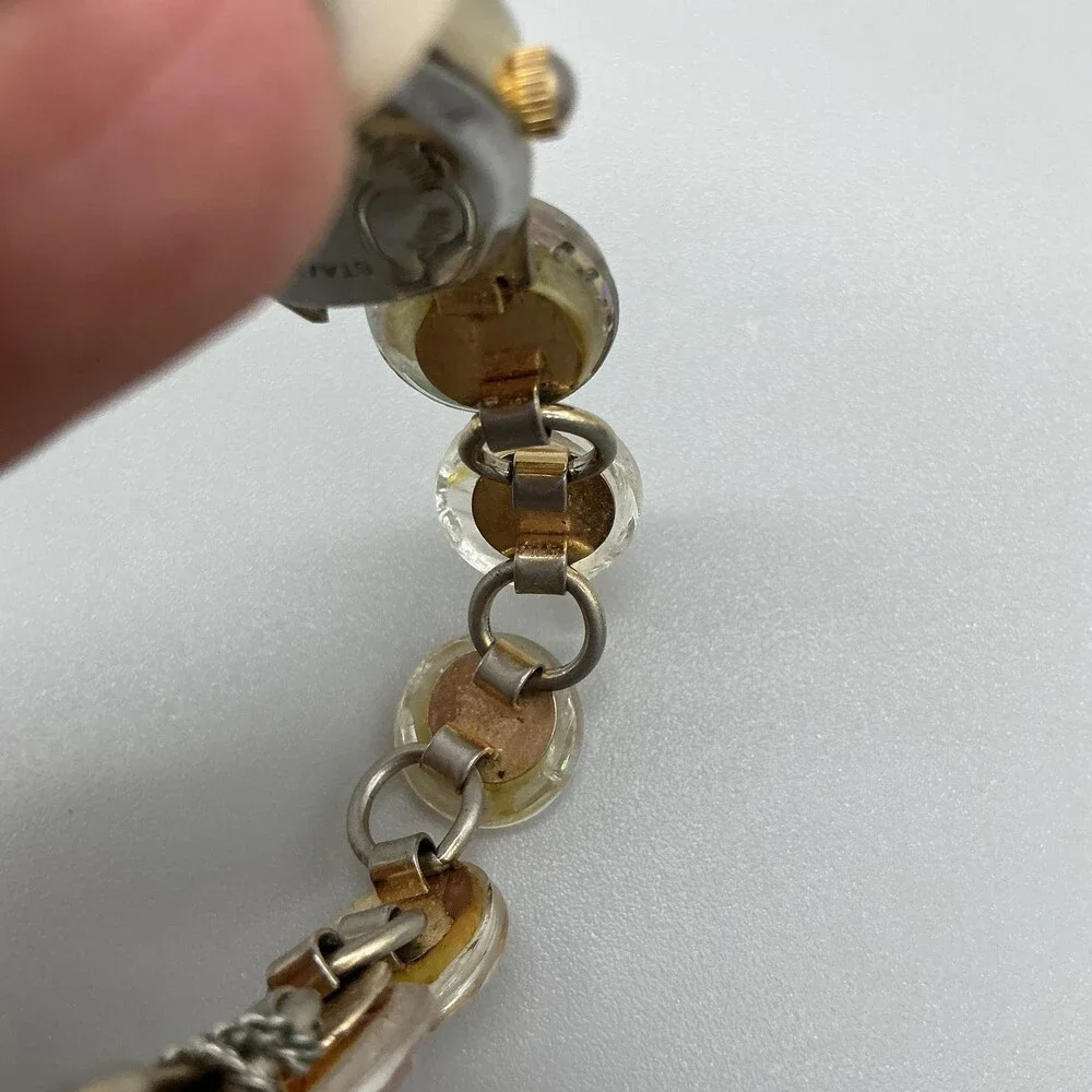 Mondu Womens Watch 18mm MOP Dial Silver Case Gold Bead Bracelet New Battery 7